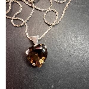 Vintage Smoky Quartz Heart Pendant Necklace Sterling Silver 20”